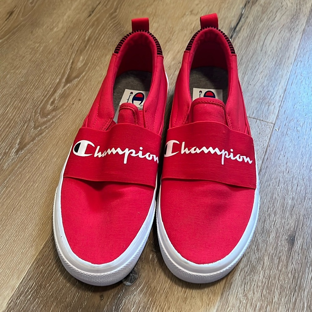 😎 New Champion Mid Knit Slip On Sneakers CLR white / Scarlet / Black Sz 10.5